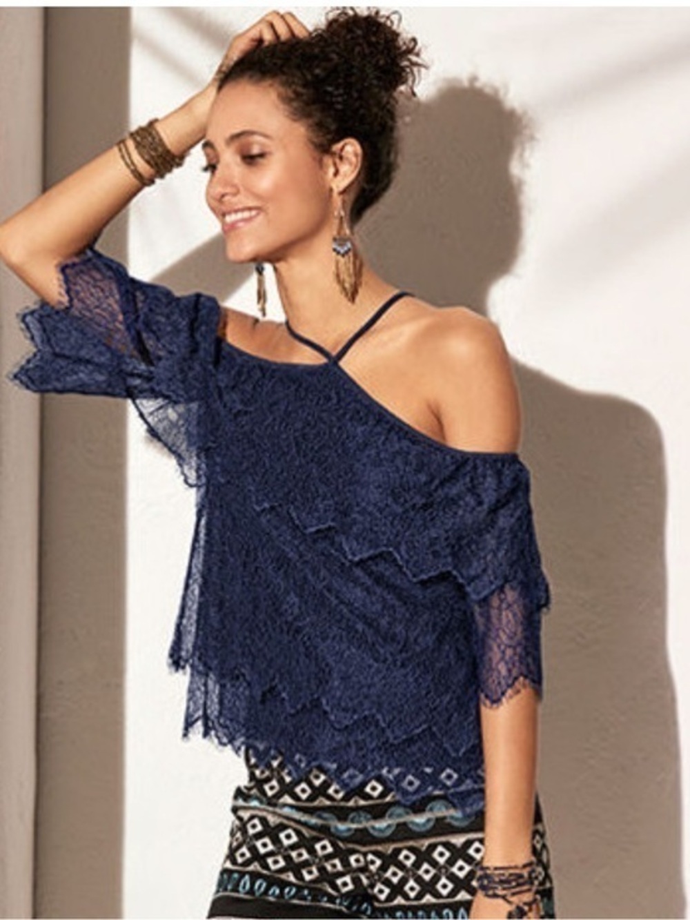 White House black market Elegant Navy Lace Off-Shoulder halter Top size M